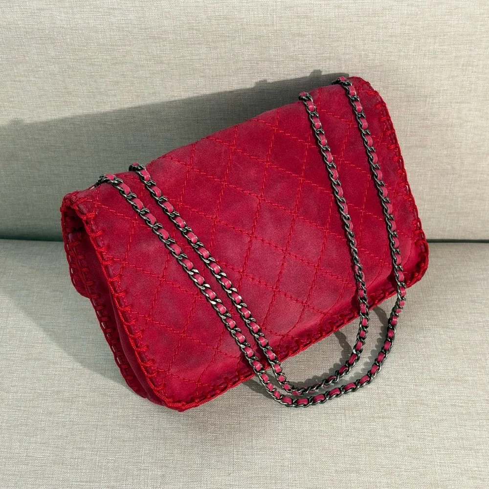 CHANEL Red Suede Whipstitched Classic Flap Medium SHW - Picture 5 of 17